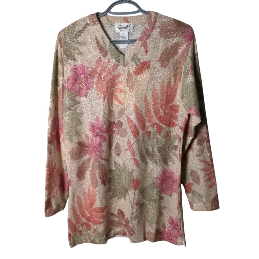 Gabriella T NWT W Size Med Floral Print Metallic Sweater Merino Wool Blend